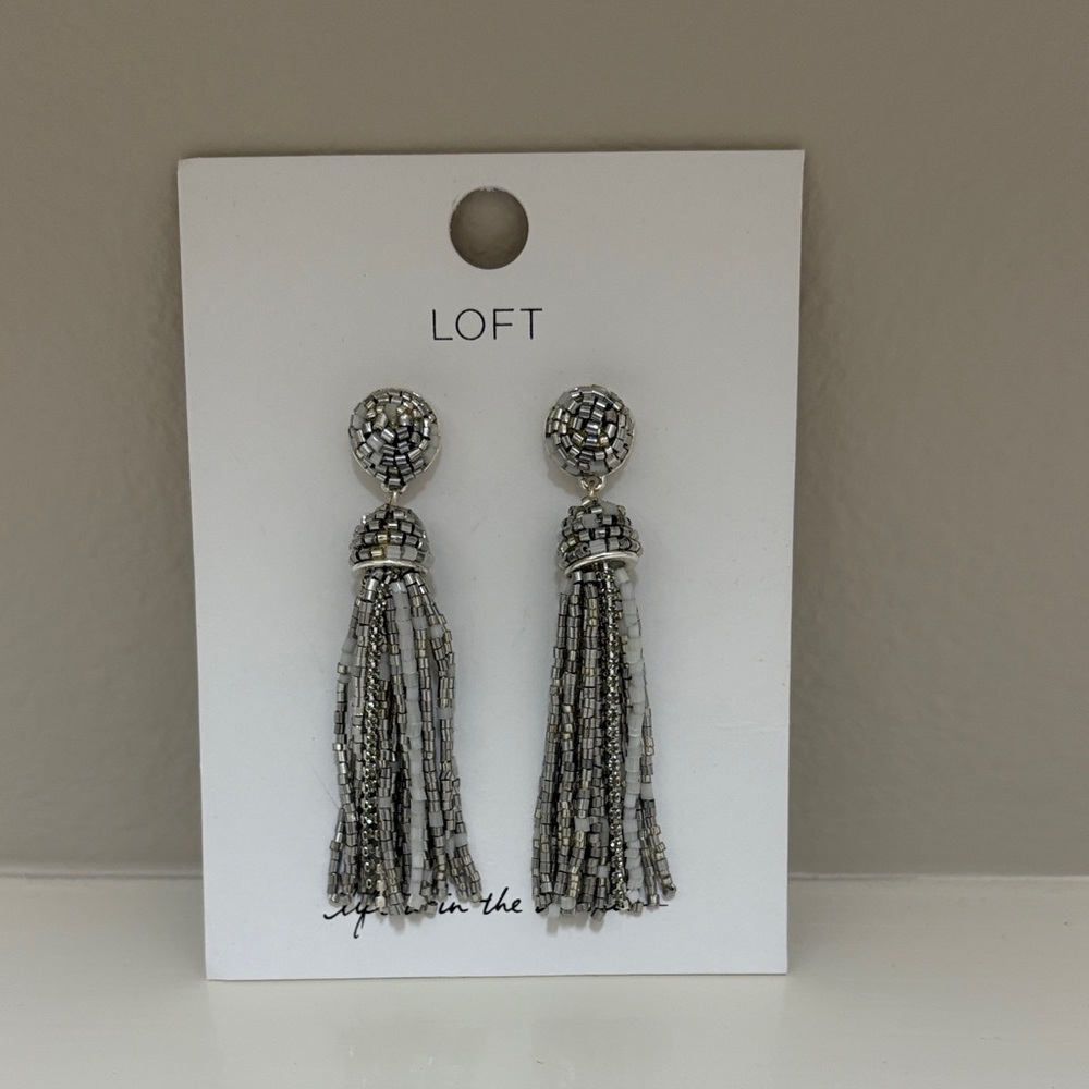 NWT LOFT Metallic Beaded 3” Tassel pierced Earrings